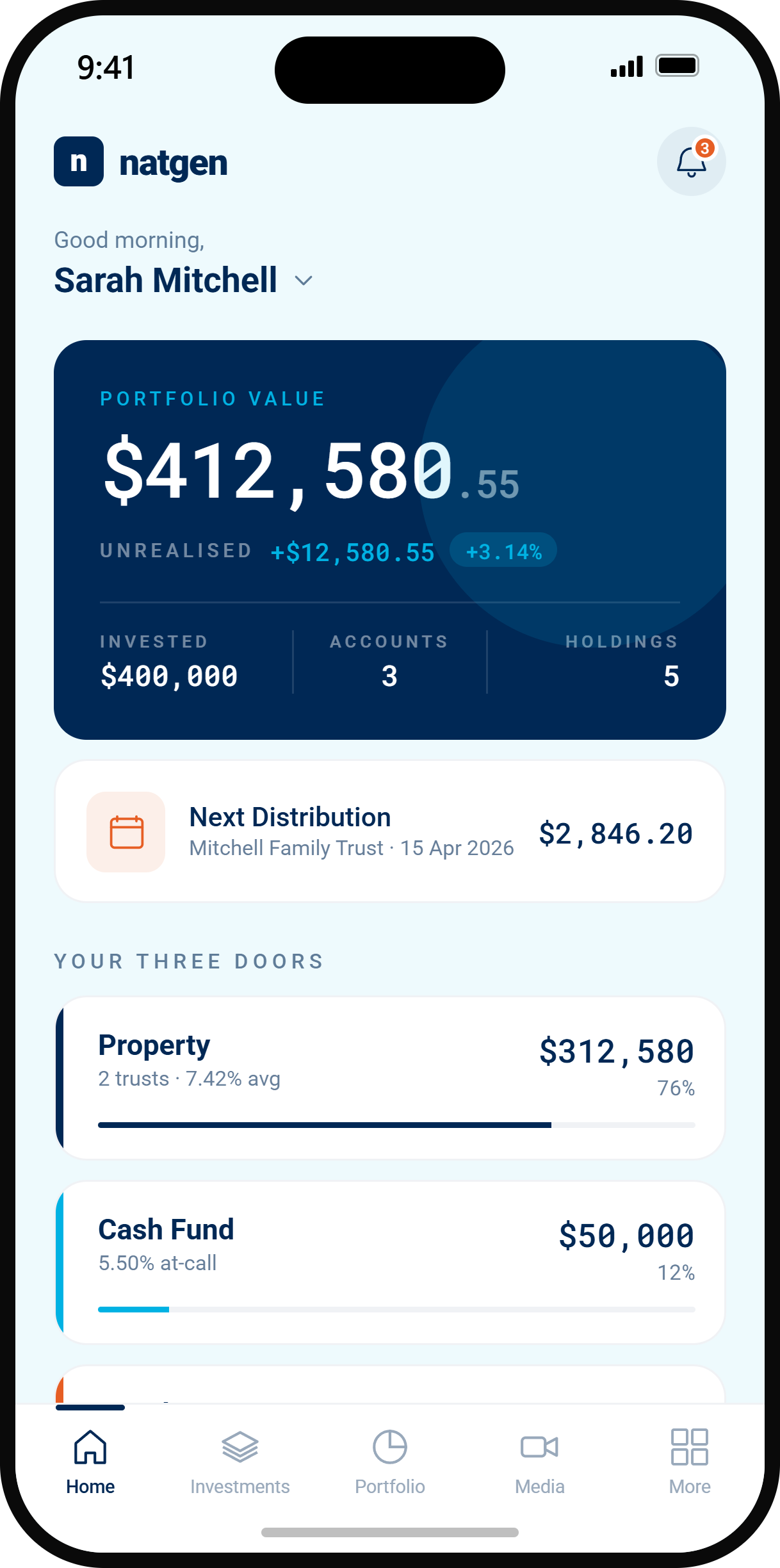 The Natgen app home screen, showing an example portfolio