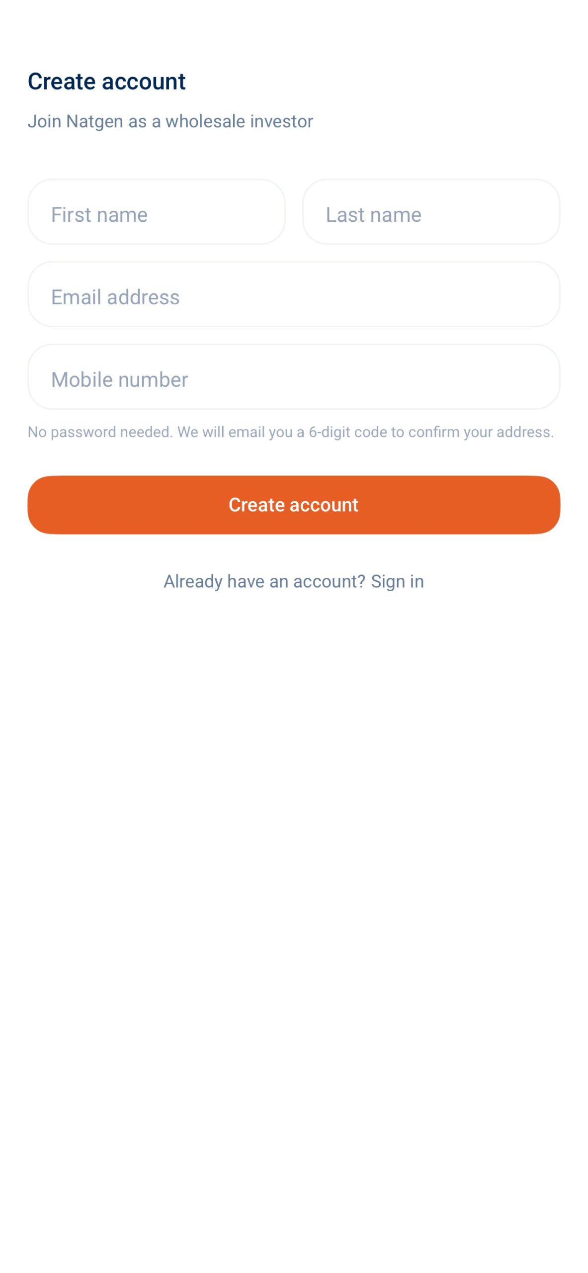 The Natgen app Create account screen