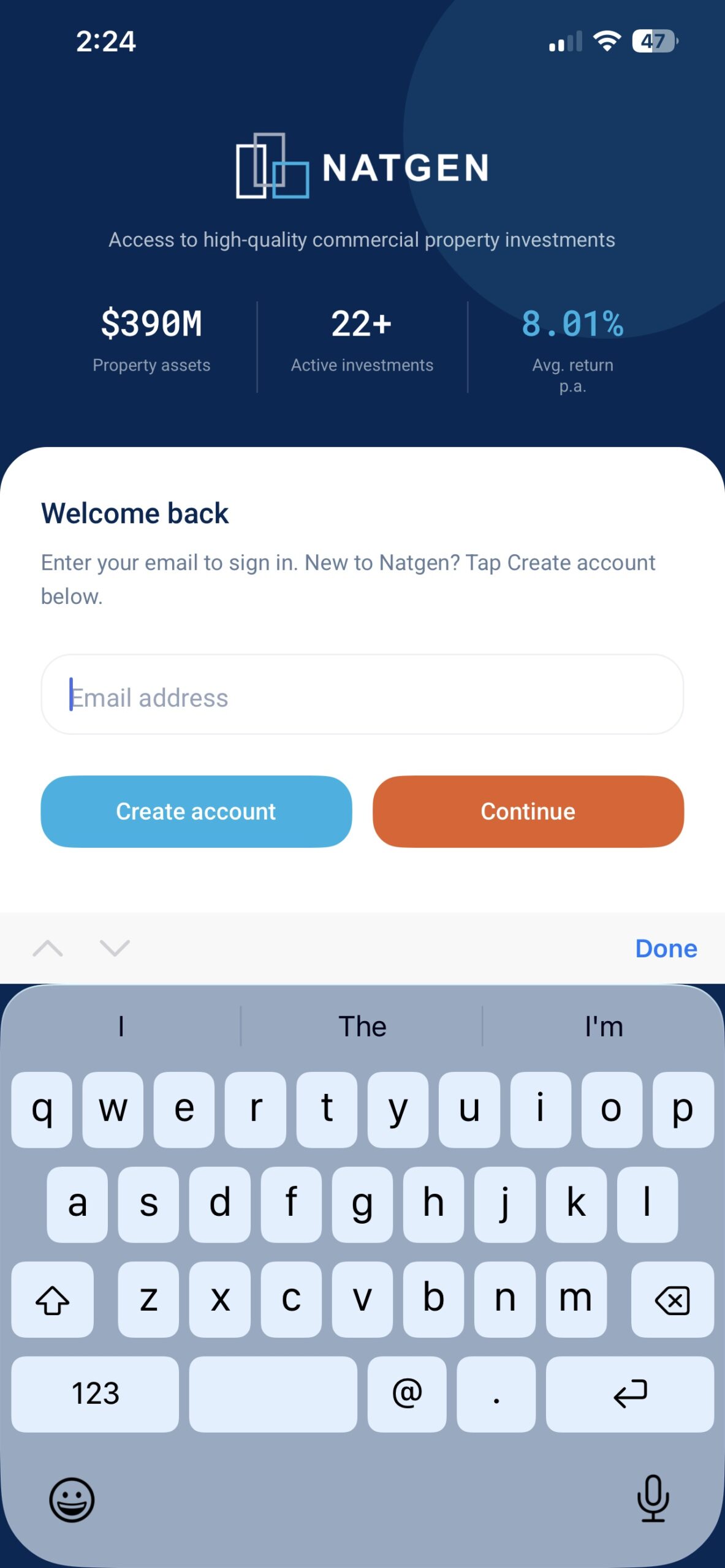 The Natgen app sign-in screen
