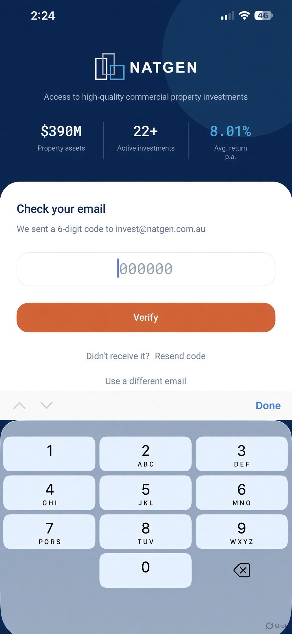 Entering the 6-digit verification code sent by Natgen
