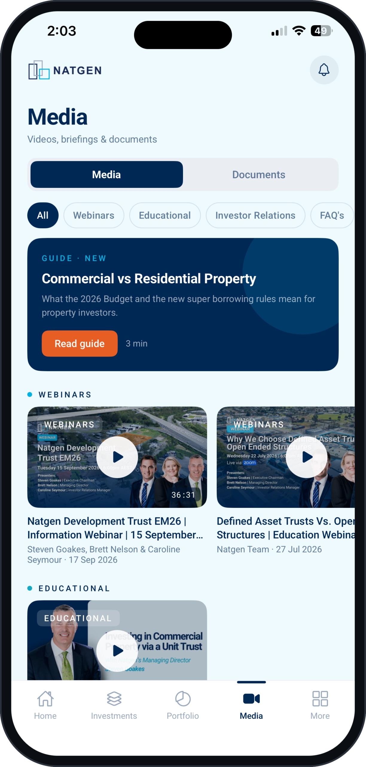 The Media tab in the Natgen app, showing webinars and educational videos